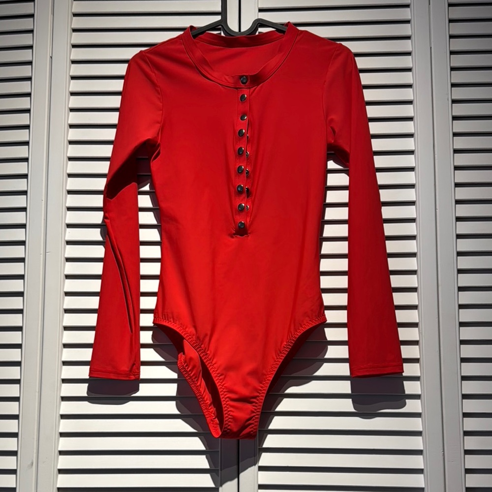 Red Long Sleeve Bodysuit with Button Detail